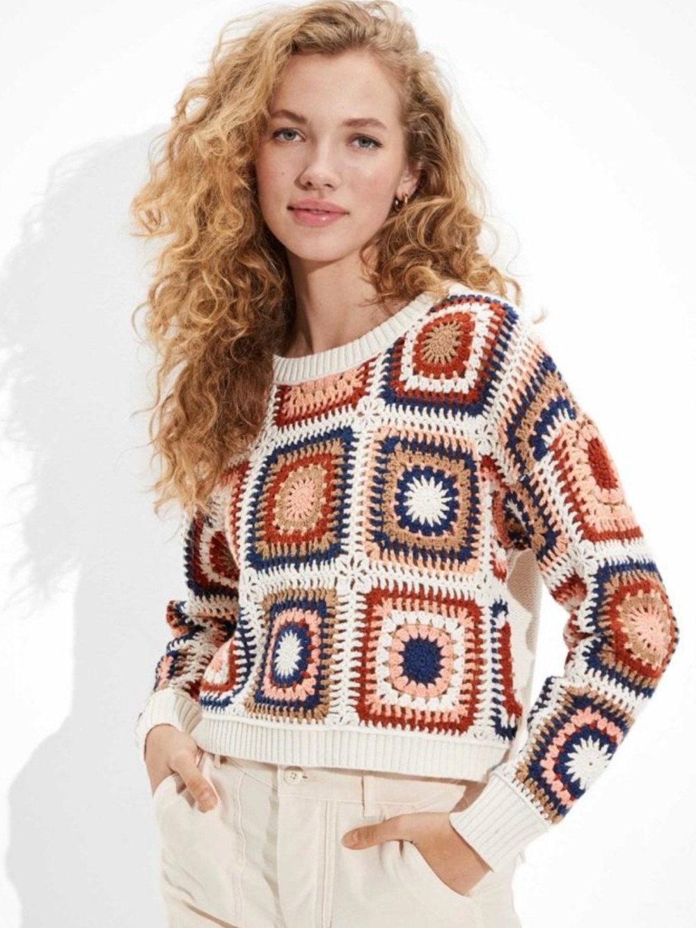AMERICAN EAGLE | Crochet Granny Square  Multicolor Crewneck Sweater Small Boho